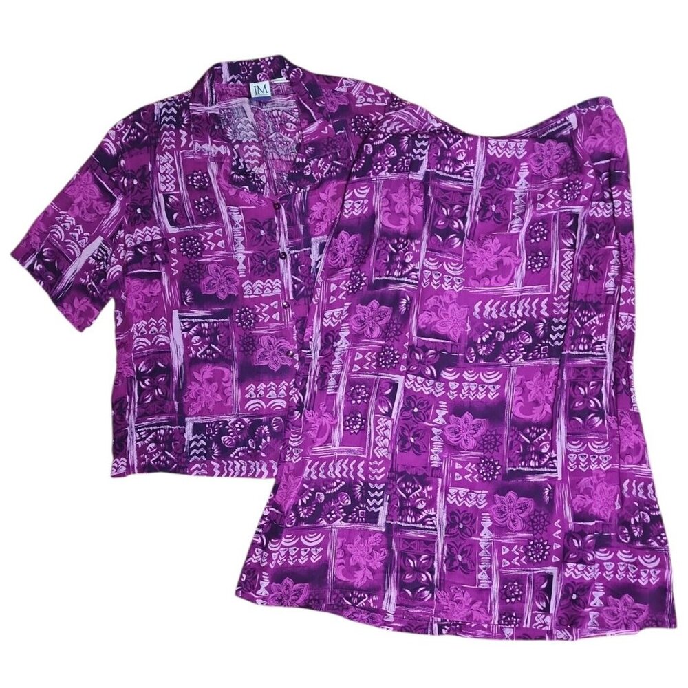JM COLLECTION Purple Floral 2 Piece Outit Set Shirt Skirt Womens Size L Large‎